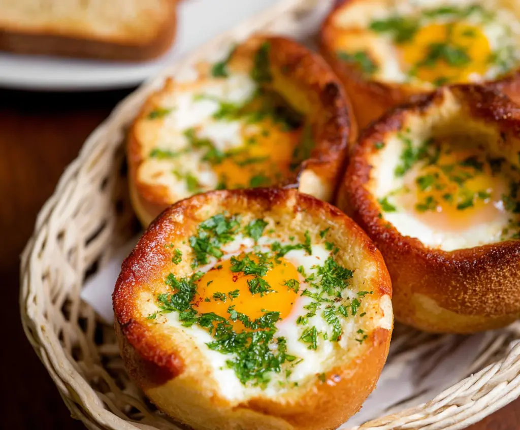 Delicious baked eggs nestled in a basket-shaped bread for a hearty breakfast