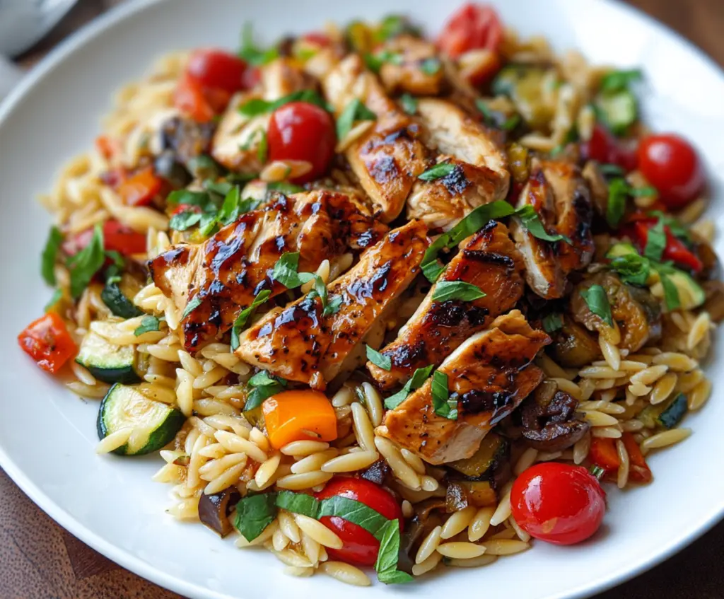 Delicious Balsamic Chicken and Veggie Orzo dish served on a plate with fresh ingredients.