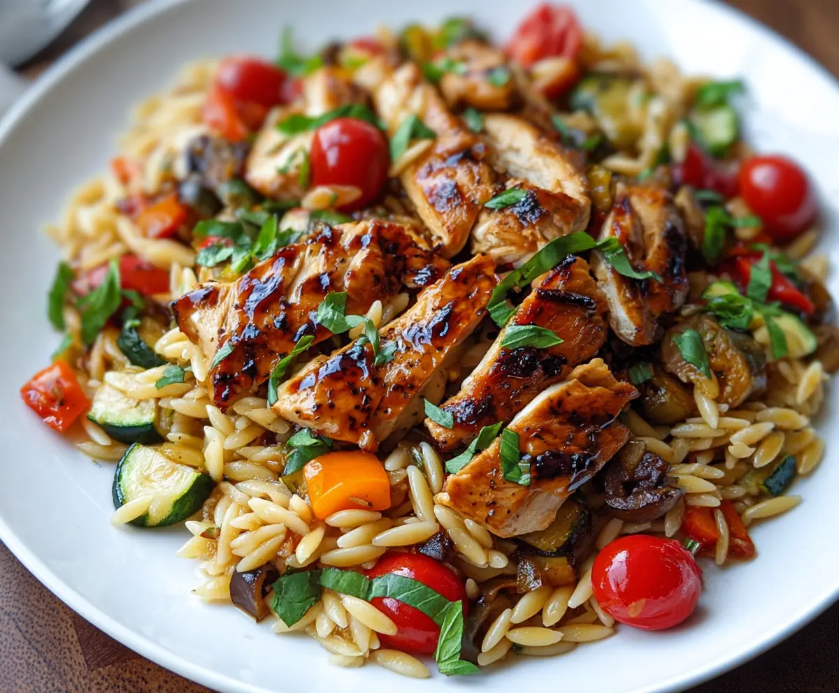 Delicious Balsamic Chicken and Veggie Orzo dish served on a plate with fresh ingredients.