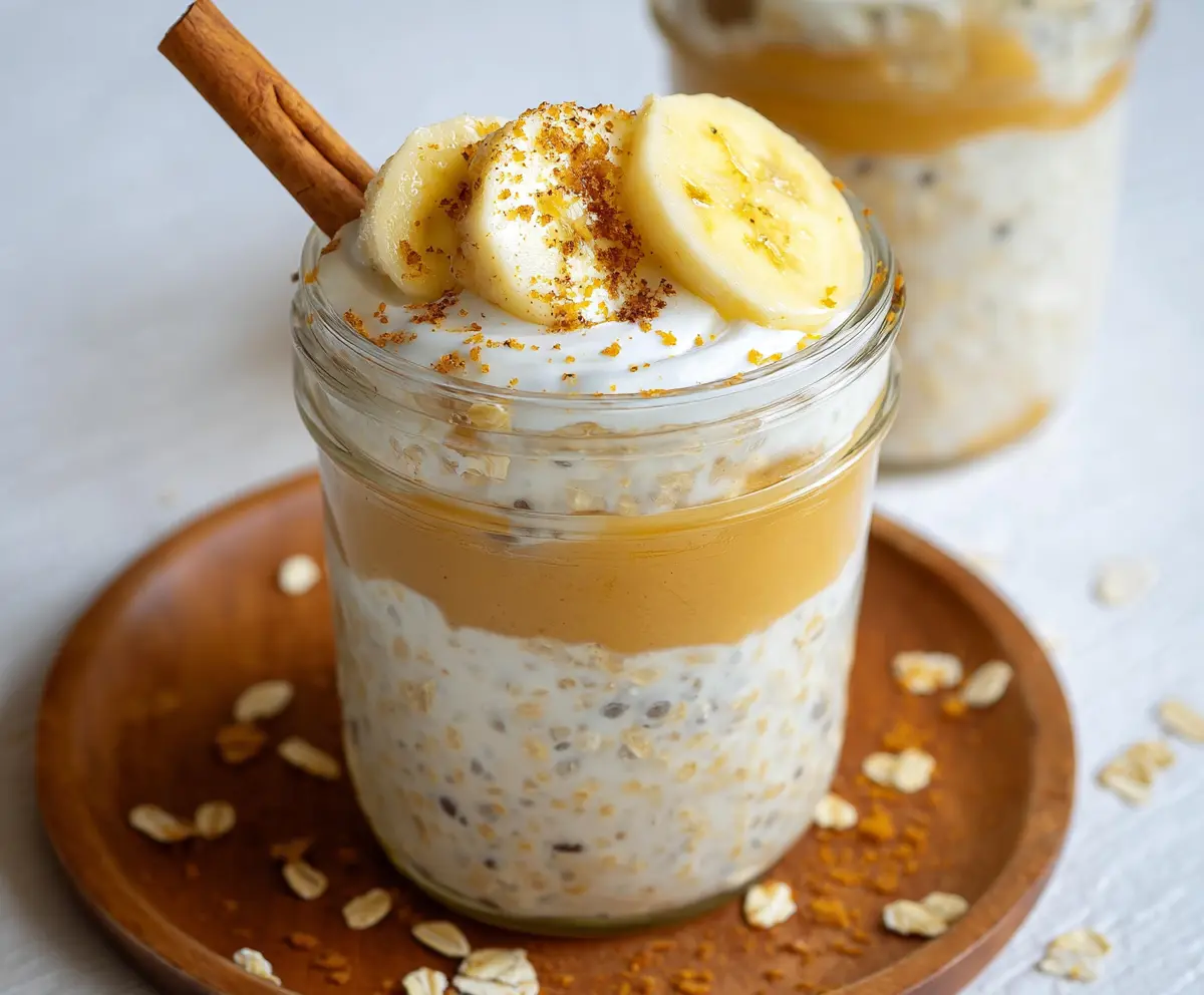 Creamy banana cream pie protein overnight oats in a glass jar topped with fresh banana slices and whipped cream.