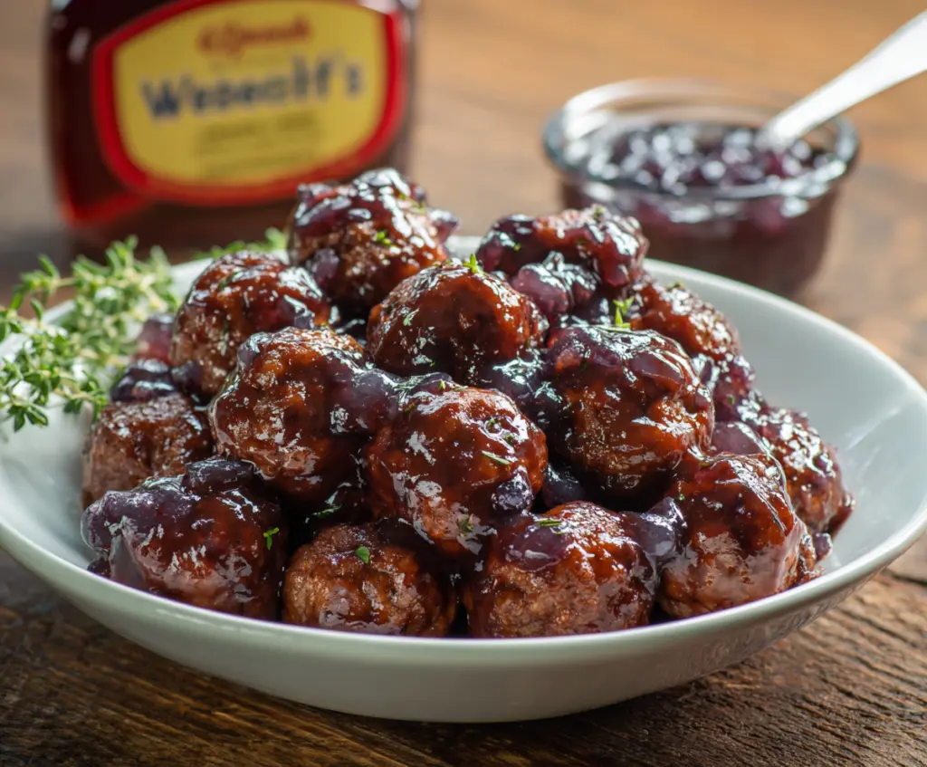 Delicious BBQ grape jelly meatballs served in a bowl ready for serving.