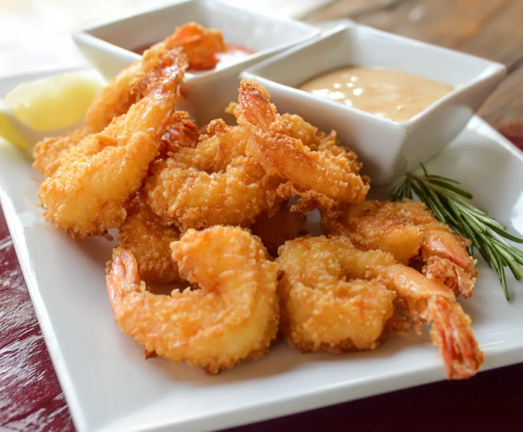 Crispy beer batter fried shrimp served with lemon and dipping sauce on a white plate.