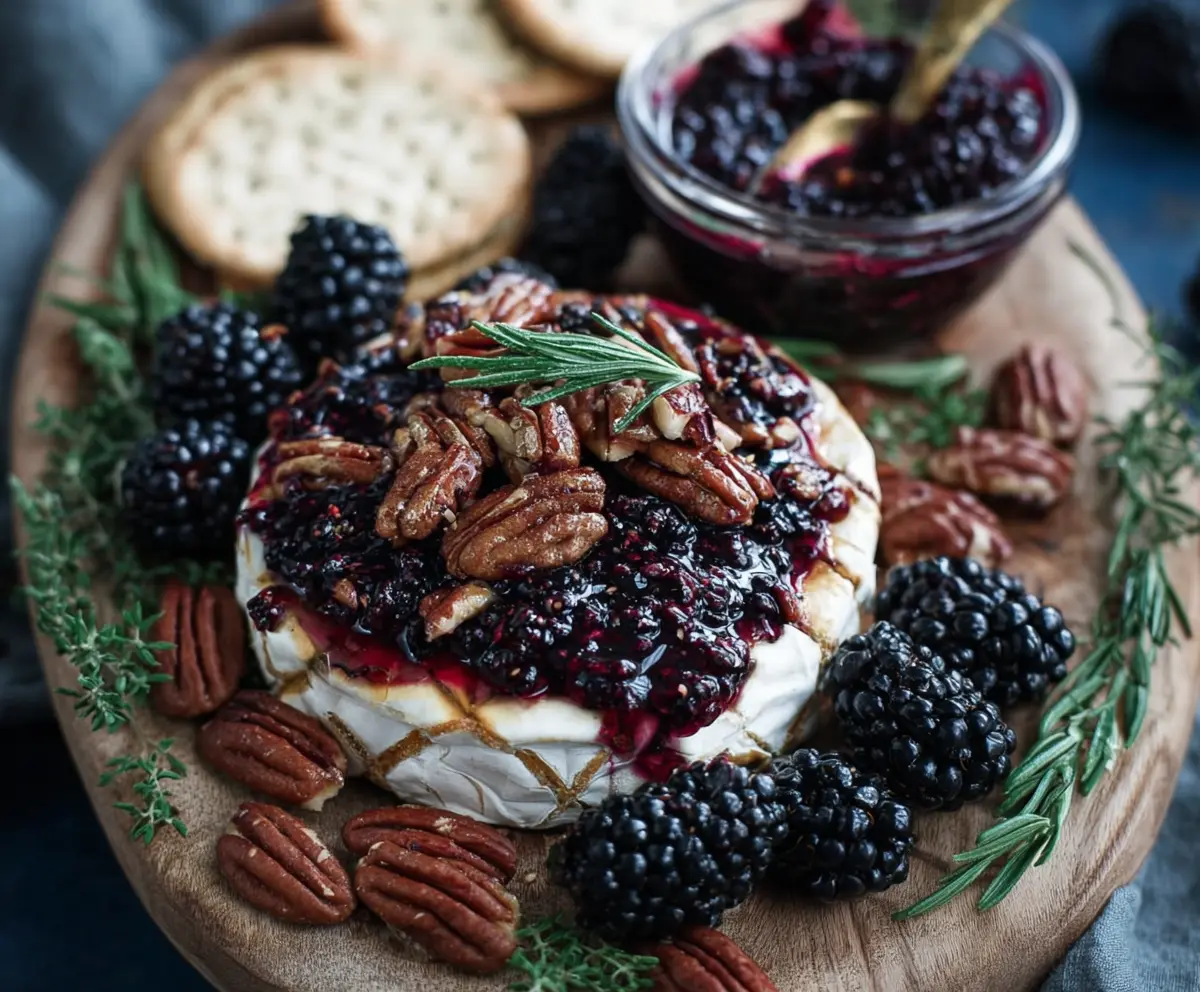 Delicious Blackberry Compote with Spicy Pecans on Melted Baked Brie cheese