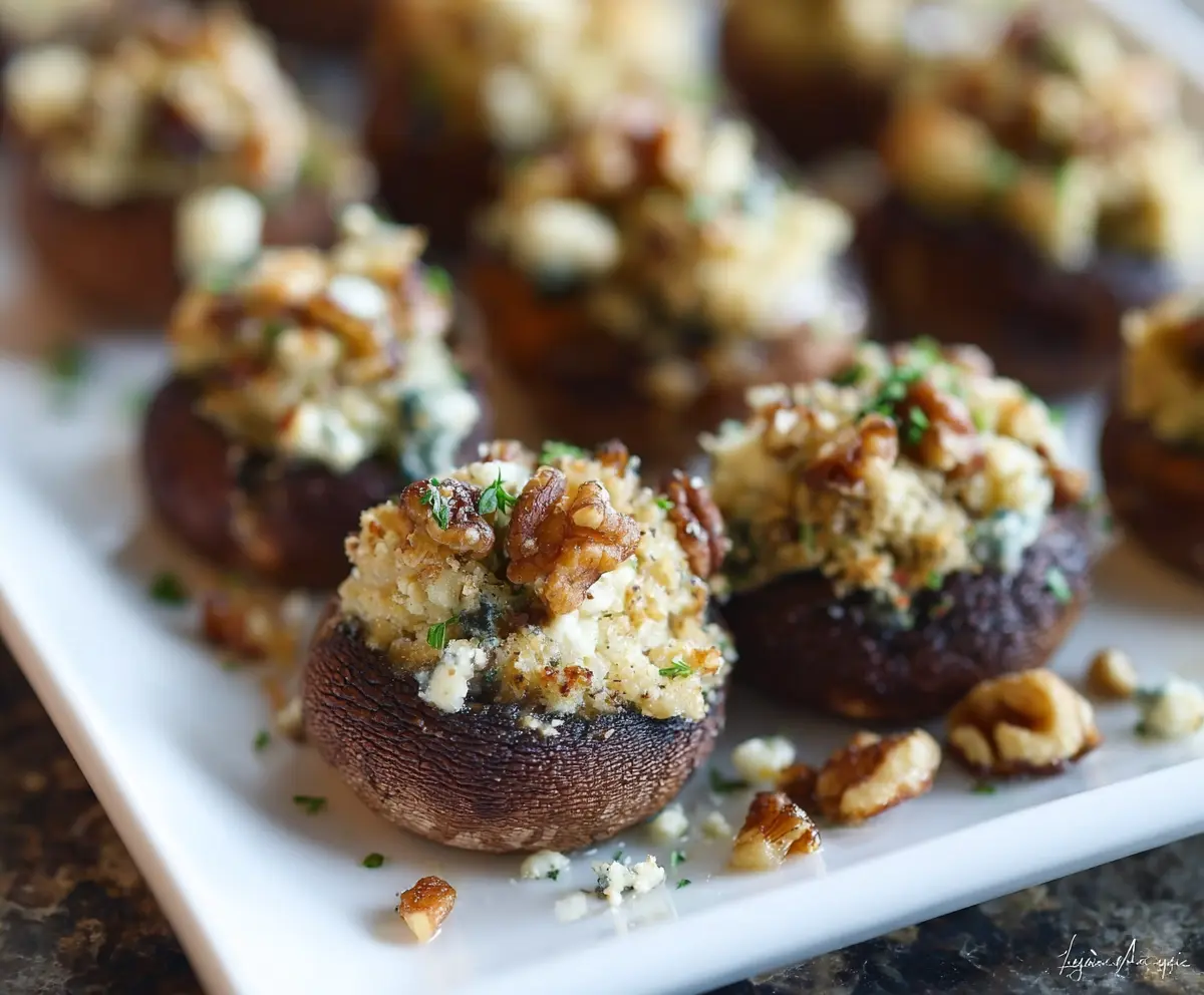 Delicious stuffed mushrooms filled with blue cheese and walnuts, perfect as an appetizer.