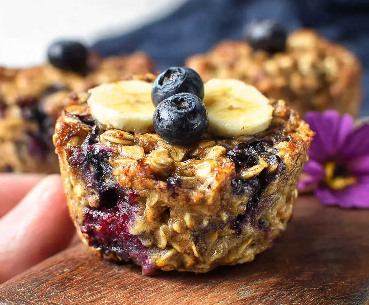 Delicious blueberry banana baked oatmeal cups served in a baking dish, perfect for healthy breakfast or snack.