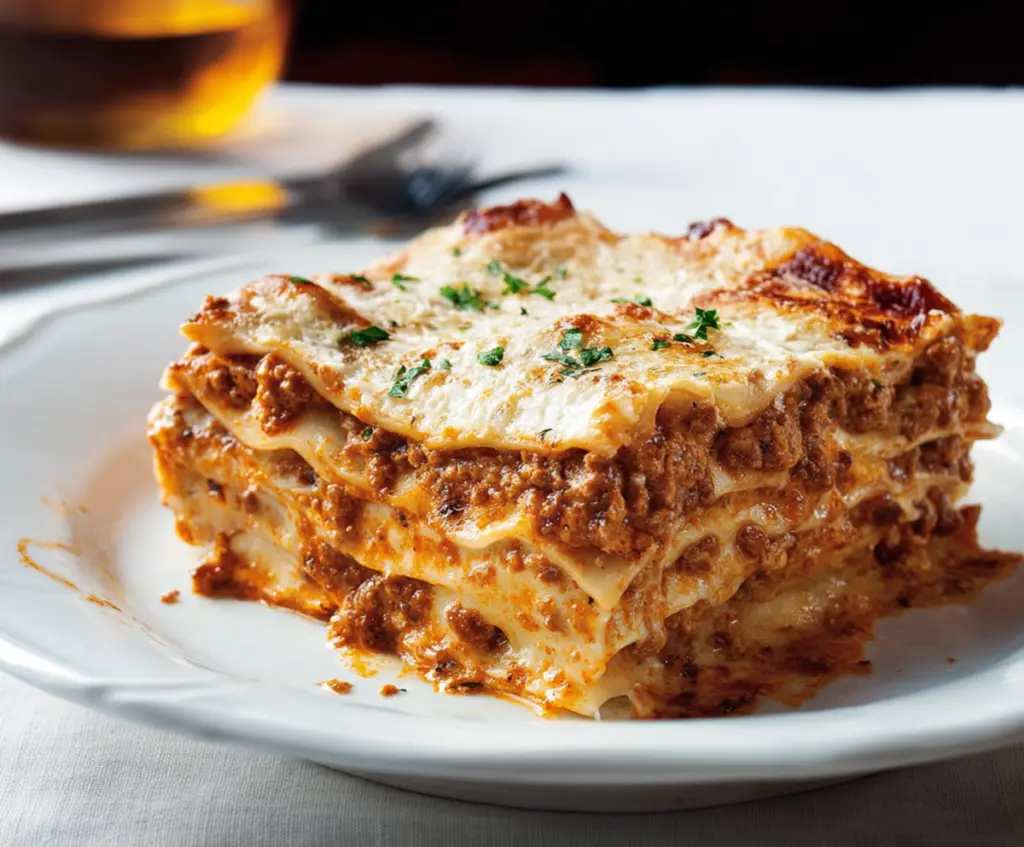 Delicious homemade Bolognese lasagna with layers of rich meat sauce and melted cheese.