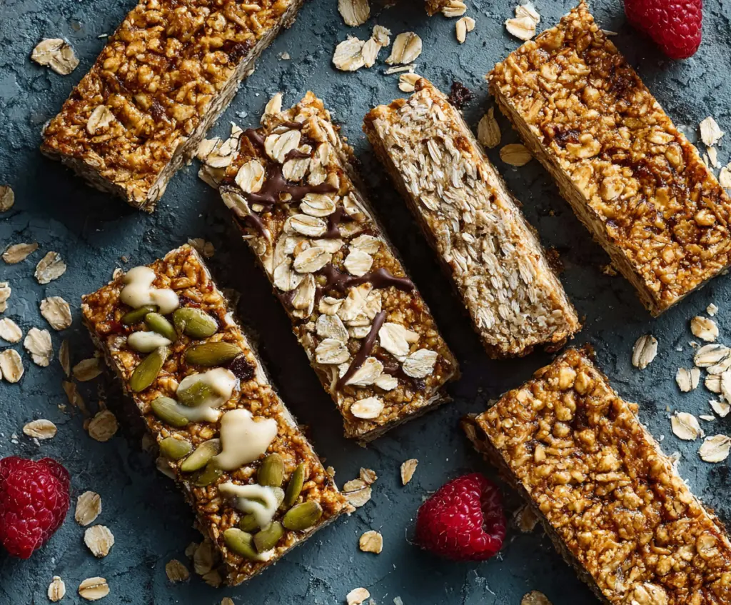 Homemade breakfast bars with oats, nuts, and dried fruits, perfect for a healthy morning snack.