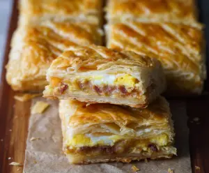 Delicious breakfast stuffed puff pastry bars with cheese and vegetables on a wooden platter.