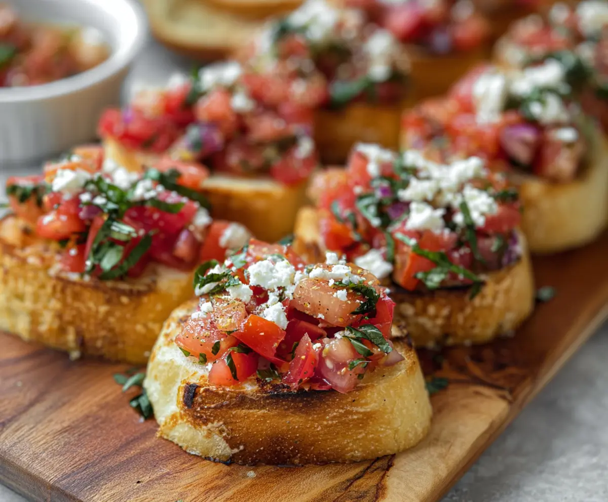 Delicious Bruschetta Bites topped with fresh tomatoes and basil on toasted baguette slices.