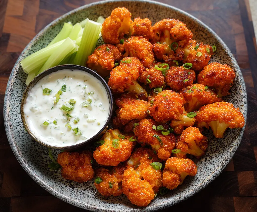 Close-up of crispy Buffalo cauliflower bites garnished with fresh parsley on a white plate.