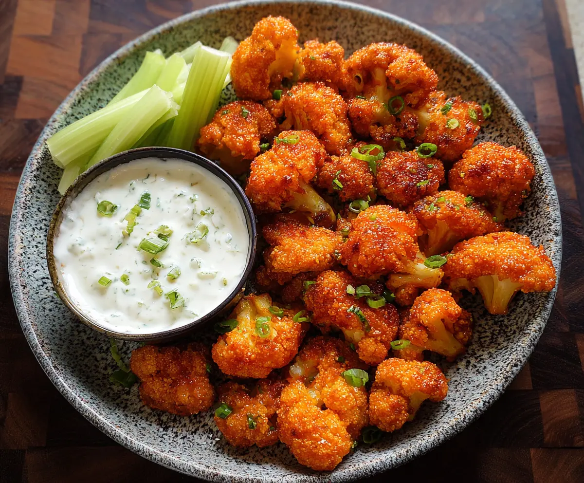 Close-up of crispy Buffalo cauliflower bites garnished with fresh parsley on a white plate.