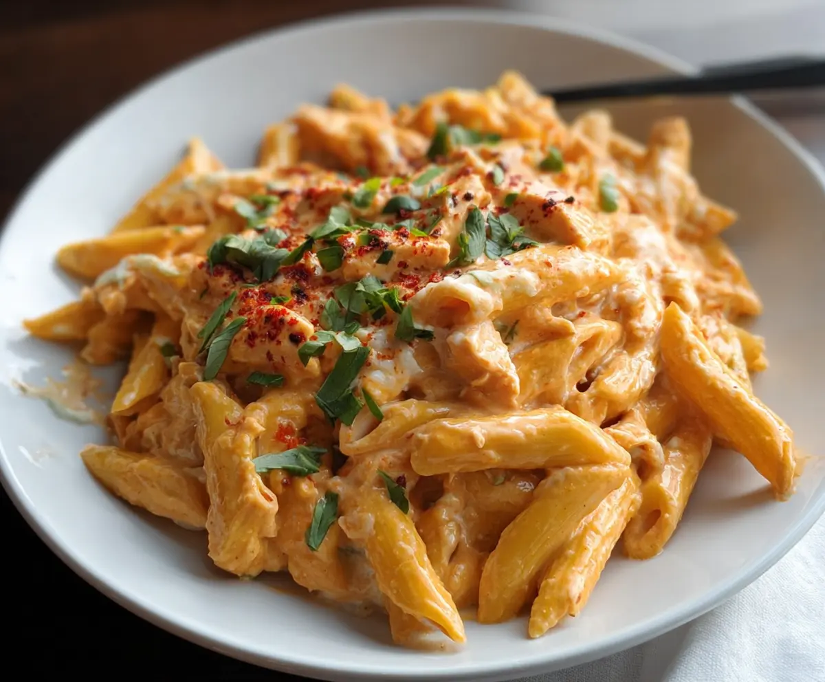 Creamy Buffalo Chicken Alfredo Penne with spicy sauce and tender chicken pieces