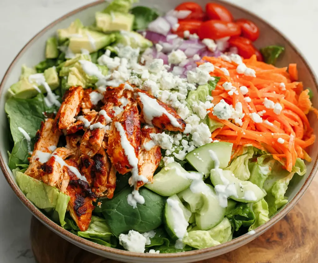 Creamy Buffalo Chicken Salad with fresh vegetables and blue cheese crumbles served in a bowl.