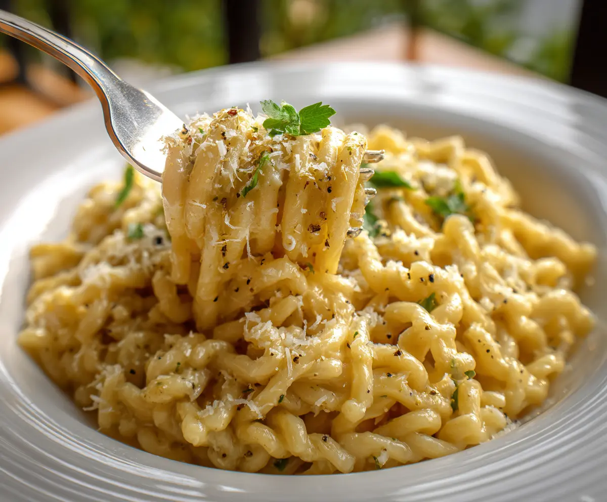 Creamy butter Parmesan pasta served on a plate, garnished with fresh herbs.