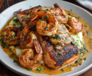 Delicious Cajun Salmon and Shrimp dish with vibrant spices and fresh ingredients.