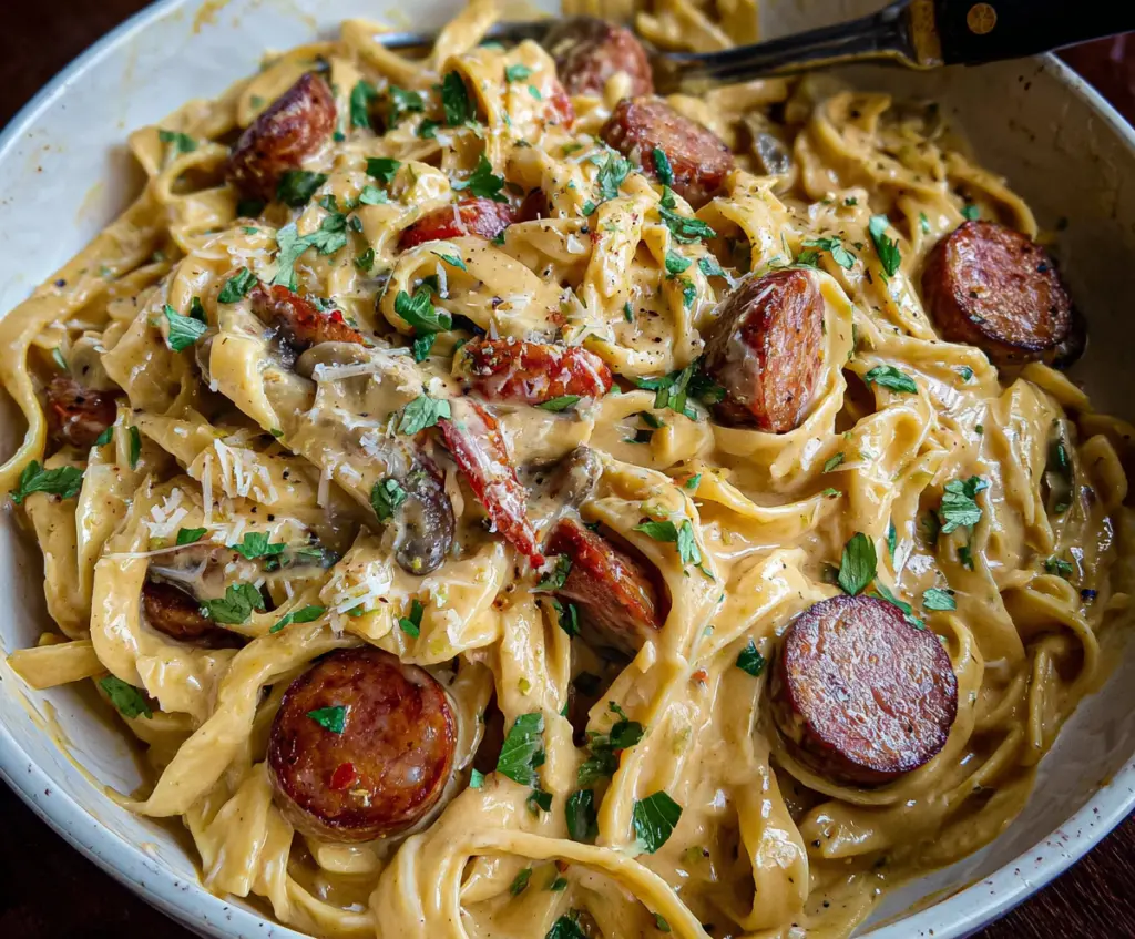 Creamy Cajun smoked sausage Alfredo pasta dish garnished with herbs, perfect for a flavorful dinner.