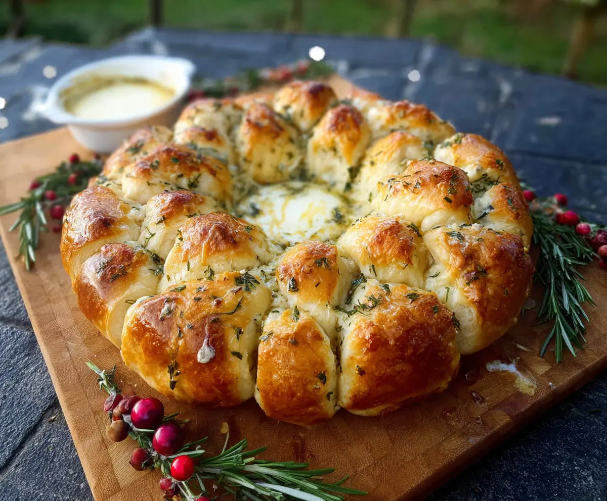 Delicious Camembert Pull-Apart Wreath served on a festive platter, perfect for sharing at parties.