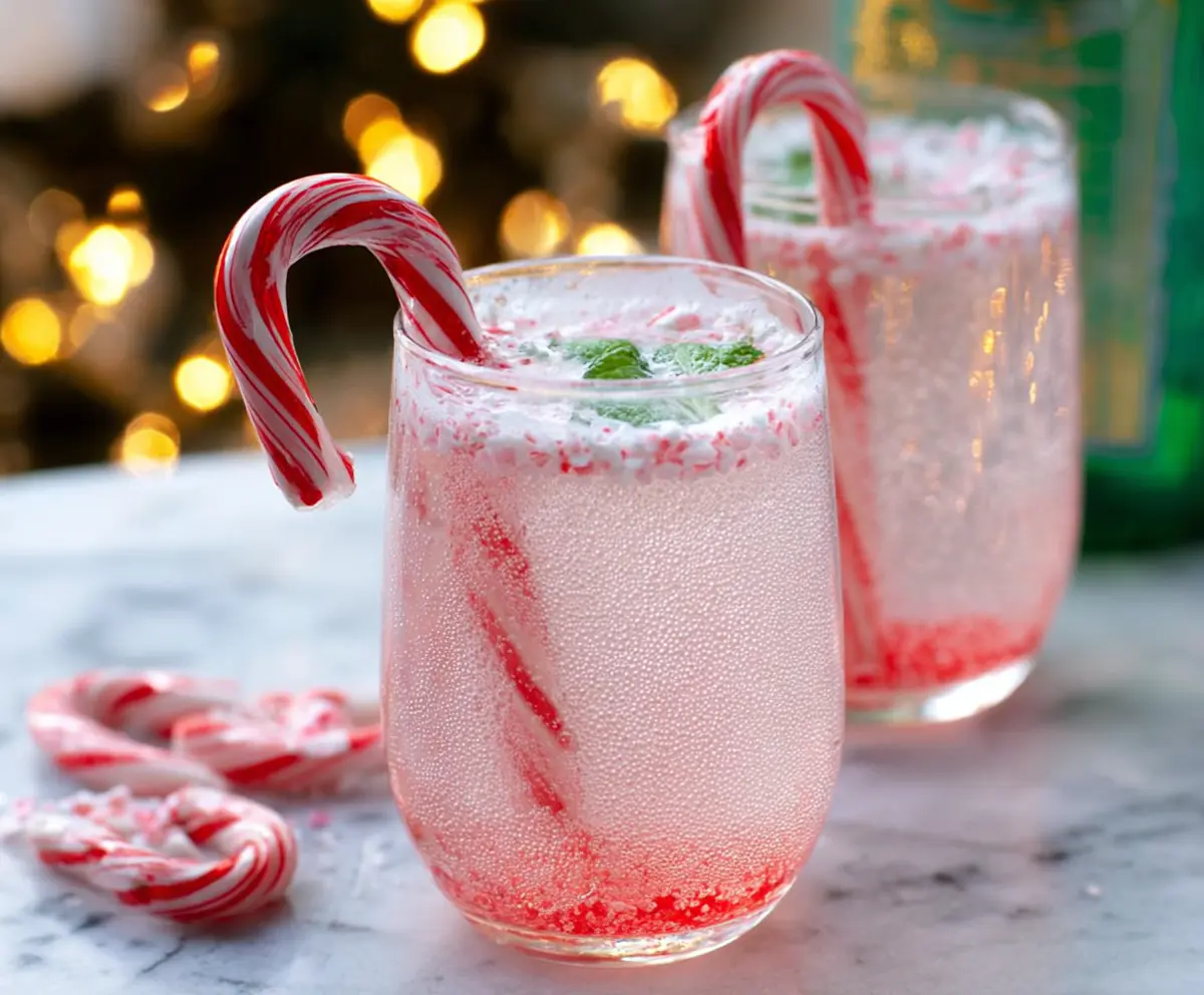 Festive Candy Cane Spritzer Cocktail garnished with a candy cane and mint leaves in a clear glass.