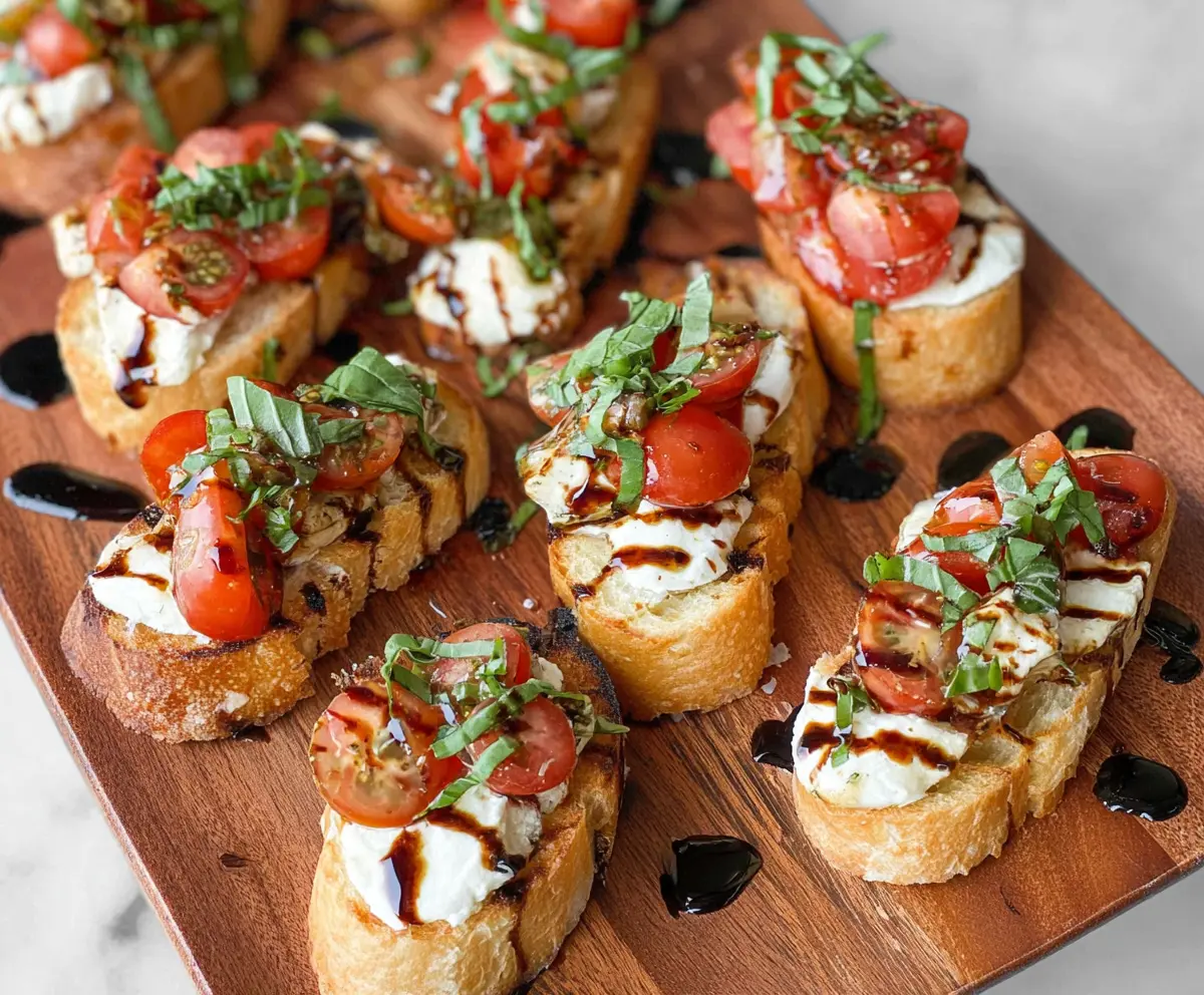 Delicious Caprese Bruschetta with fresh basil, ripe tomatoes, mozzarella cheese, and balsamic glaze on toasted baguette slices.