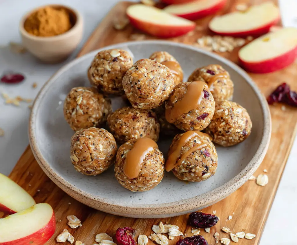 Delicious caramel apple protein bites on a white plate with fresh apples in the background.