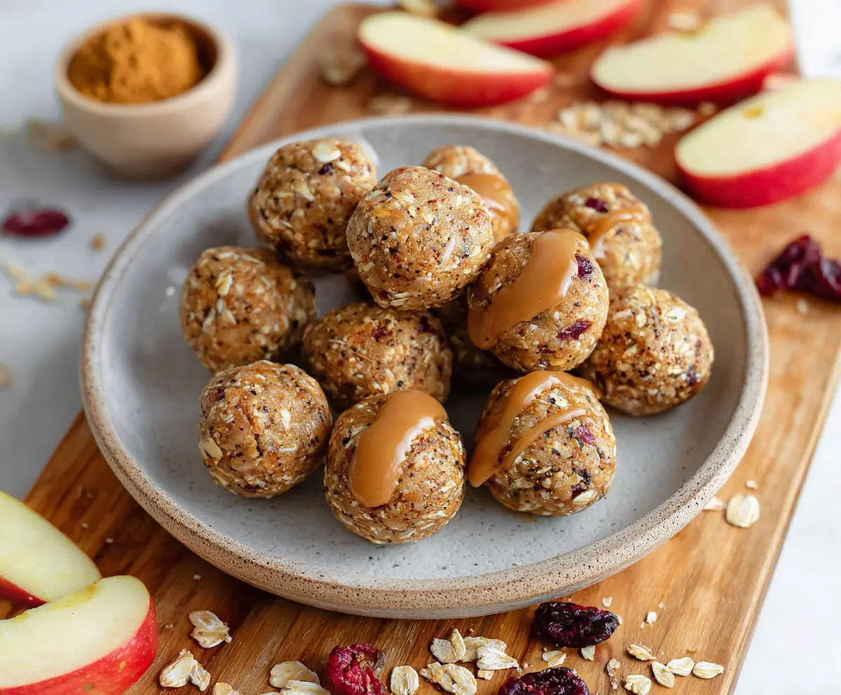 Delicious caramel apple protein bites on a white plate with fresh apples in the background.