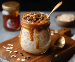 Delicious Caramel Macchiato Overnight Oats with swirls of caramel and coffee flavor in a glass jar.