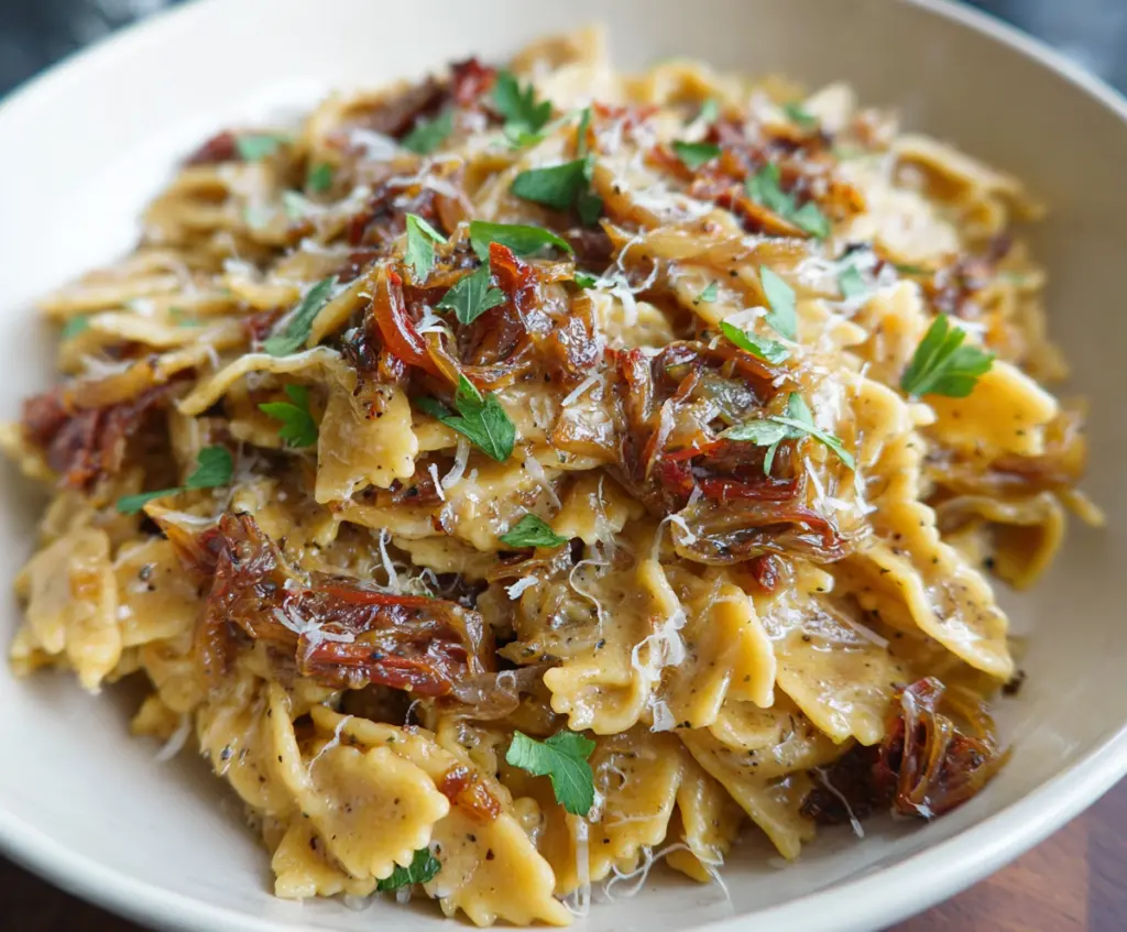 Delicious caramelized onion pasta garnished with herbs on a plate.