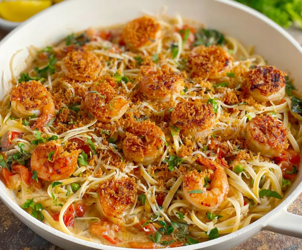 Delicious Shrimp Scampi Linguine from Cheesecake Factory with garlic, herbs, and tender shrimp topped with lemon.