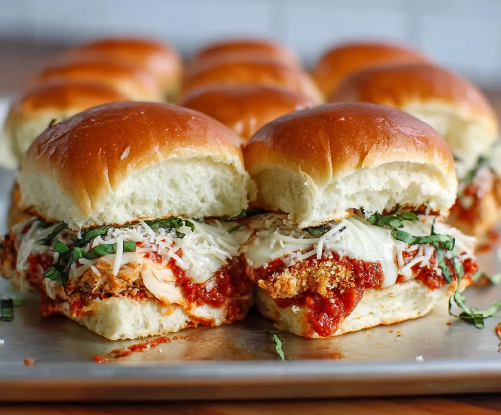 Delicious Chicken Parm Sliders topped with melted cheese and marinara sauce on a serving platter.