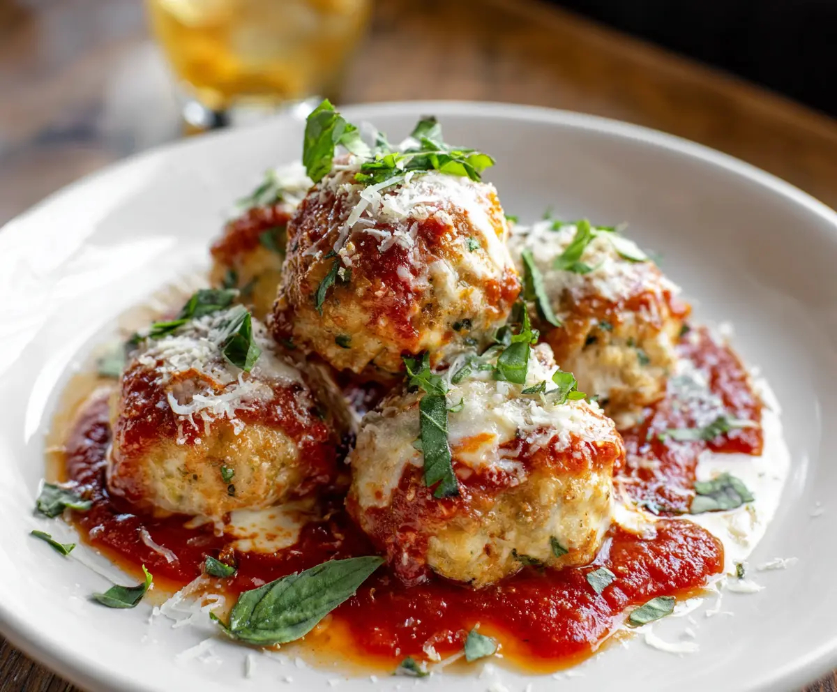 Delicious Chicken Parmesan Meatballs with marinara sauce and melted cheese on top.
