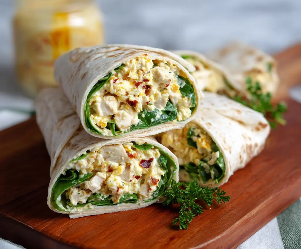Healthy chicken salad protein wrap with fresh vegetables and whole grain tortilla.