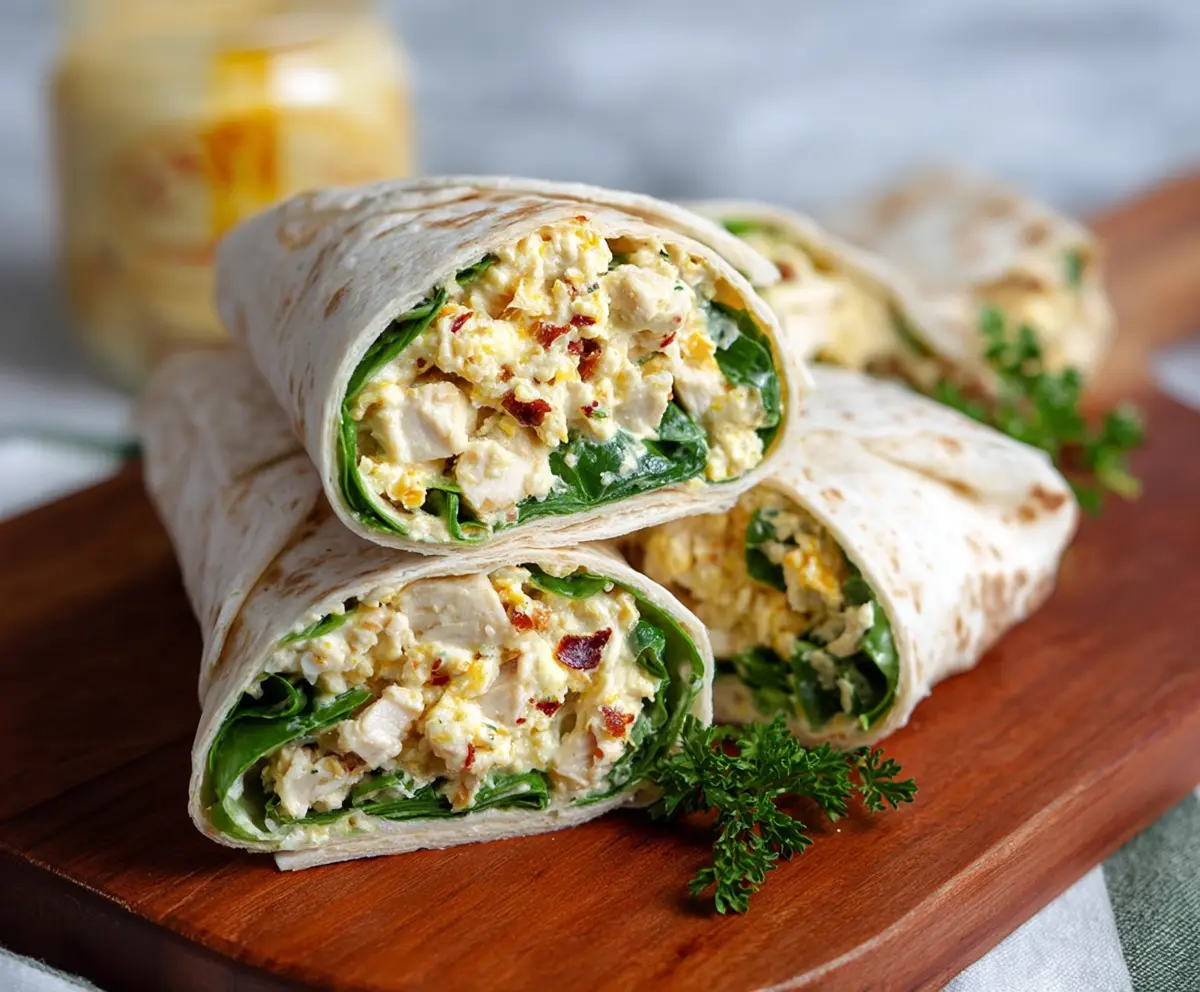Healthy chicken salad protein wrap with fresh vegetables and whole grain tortilla.