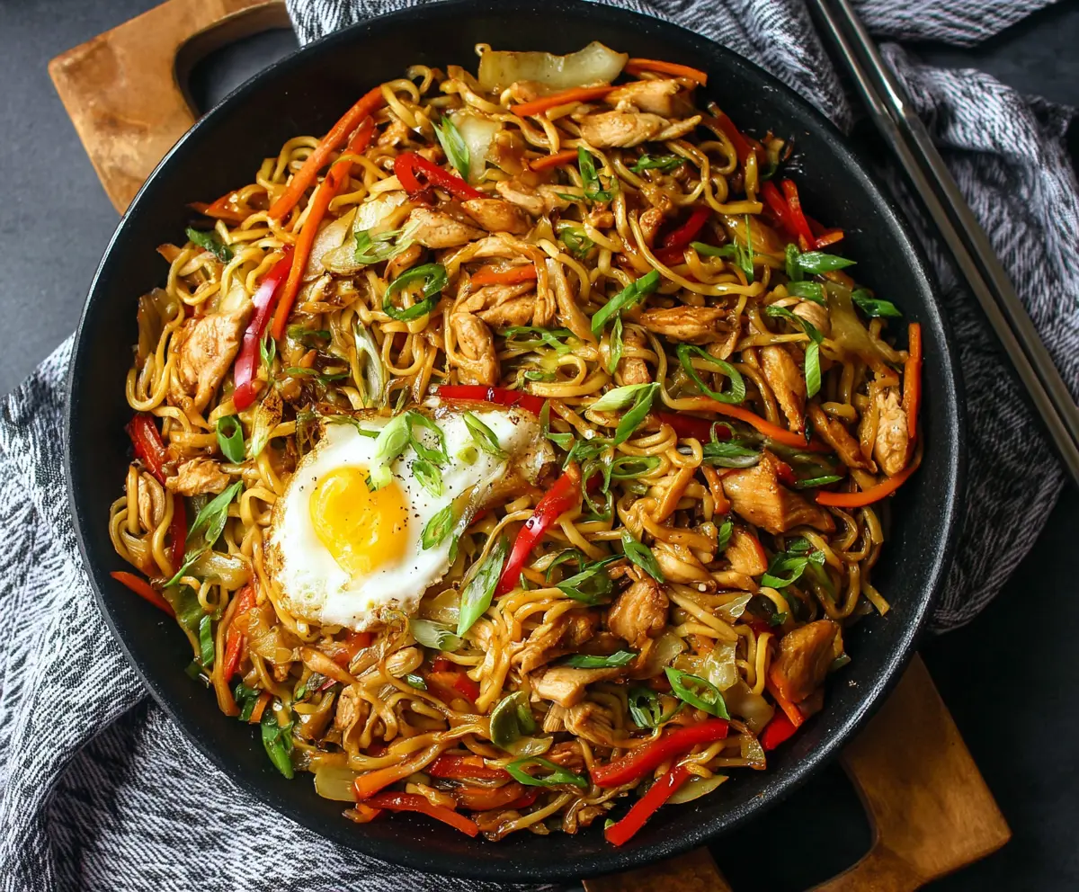Delicious Chicken Yakisoba Noodles stir-fried with vegetables on a plate.