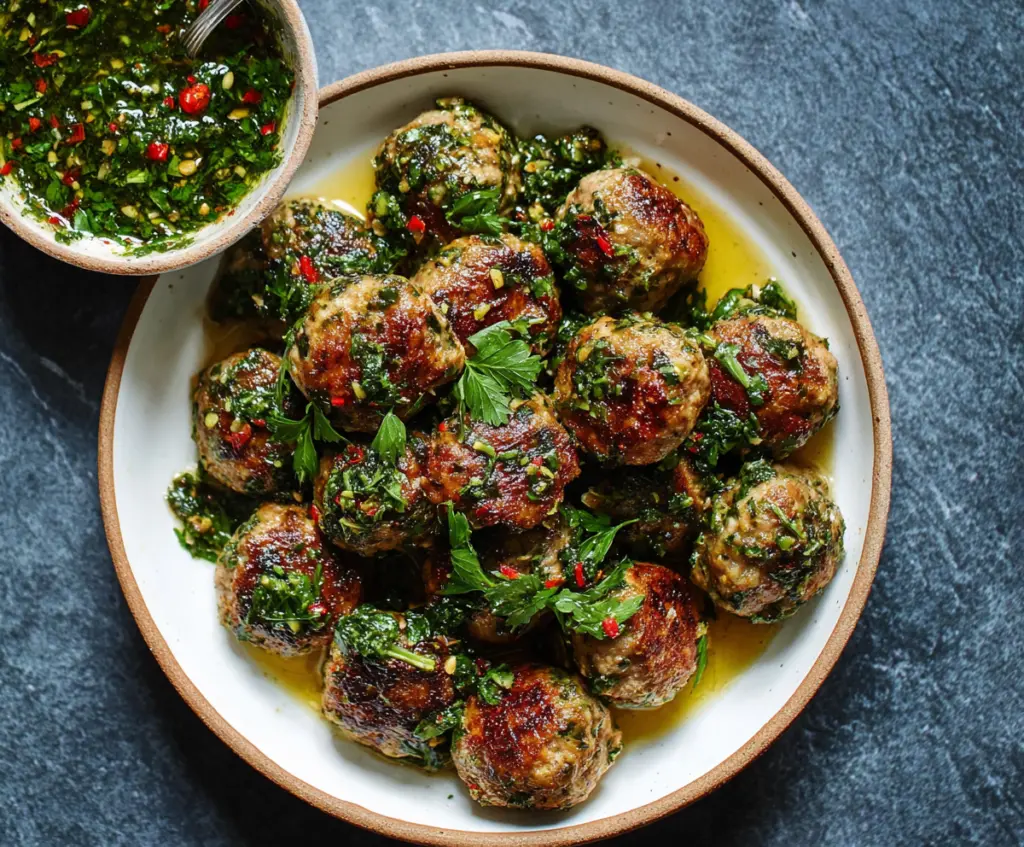 Delicious Chimichurri Meatballs on a serving platter with fresh herbs and vegetables.