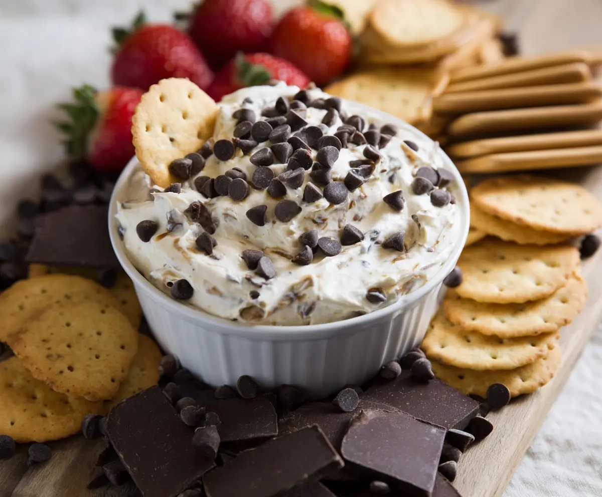 Delicious chocolate chip cream cheese dip served with fresh fruits and crackers for a sweet snack.