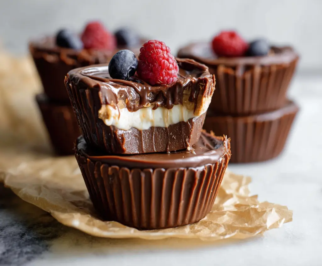 Creamy chocolate protein yogurt cups topped with chocolate shavings, perfect for a healthy snack or breakfast.