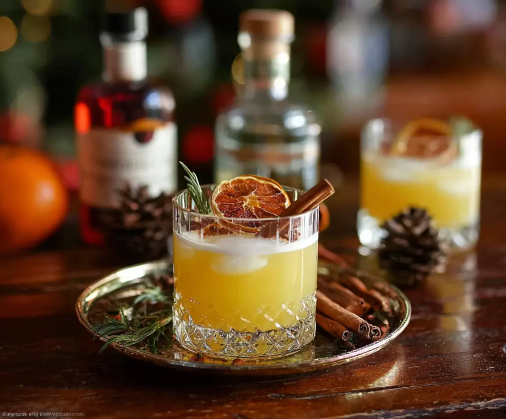 Festive Christmas Spiced Gin Punch served in a decorative glass with holiday garnishes.