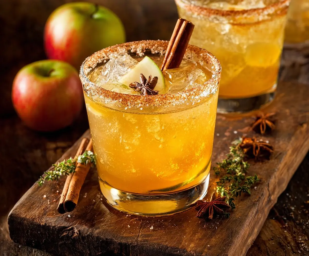 Refreshing Cinnamon Apple Cider Margarita served in a glass with cinnamon sticks and apple slices.