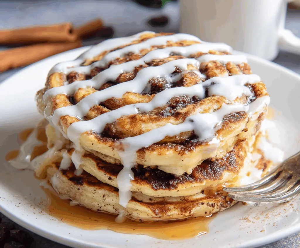 Delicious cinnamon roll pancakes with swirled cinnamon and icing topping