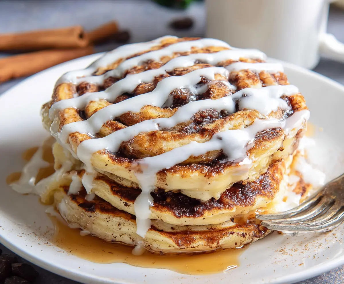 Delicious cinnamon roll pancakes with swirled cinnamon and icing topping