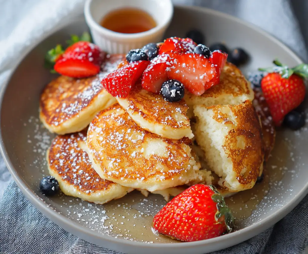 Delicious homemade cottage cheese pancakes served with fresh fruit and syrup.