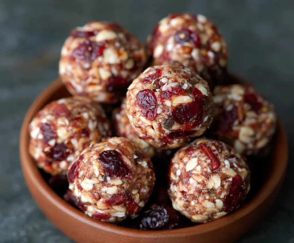 Healthy cranberry almond energy bites in a bowl, perfect as a nutritious snack.