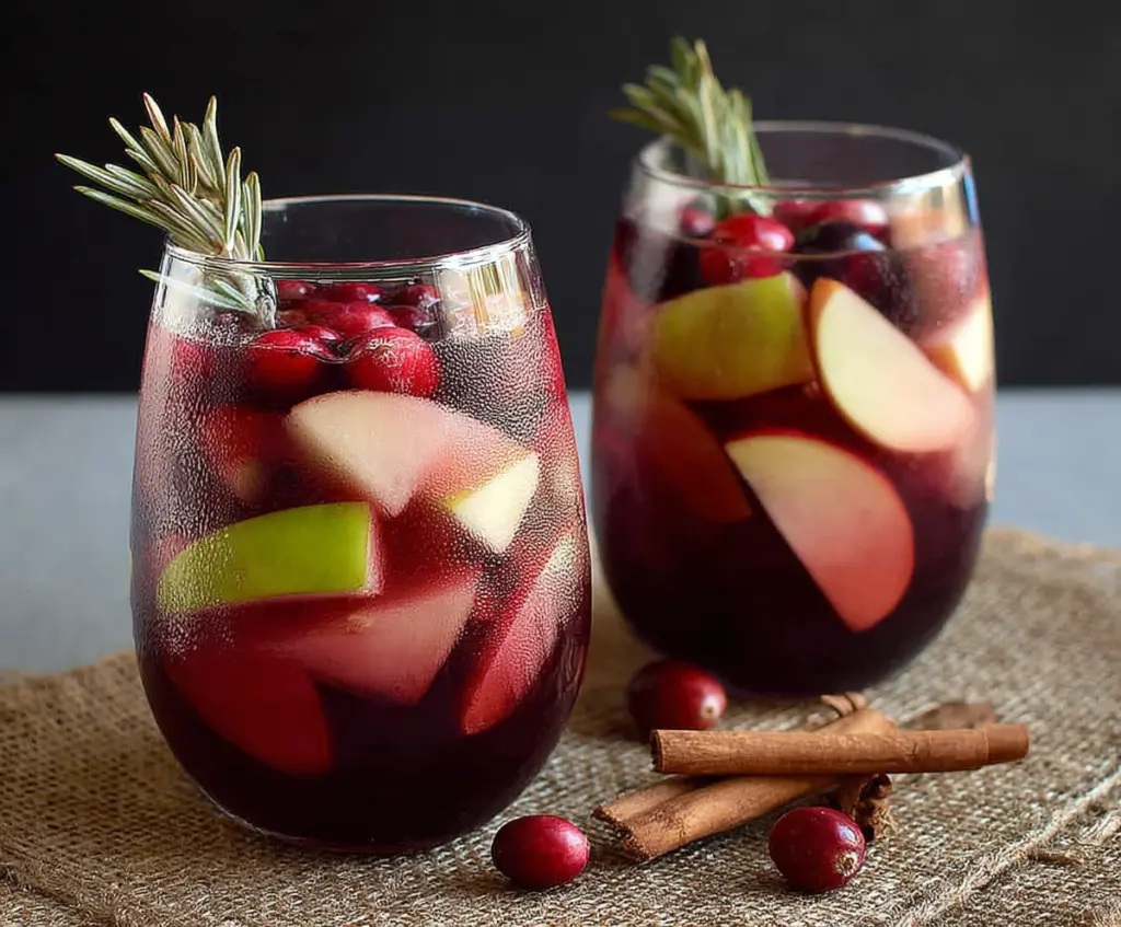 Refreshing Cranberry Apple Cider Sangria in a glass pitcher with fresh cranberries and apple slices