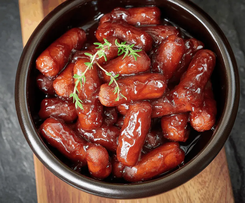 Delicious Cranberry BBQ Little Smokies served on a plate with fresh herbs.