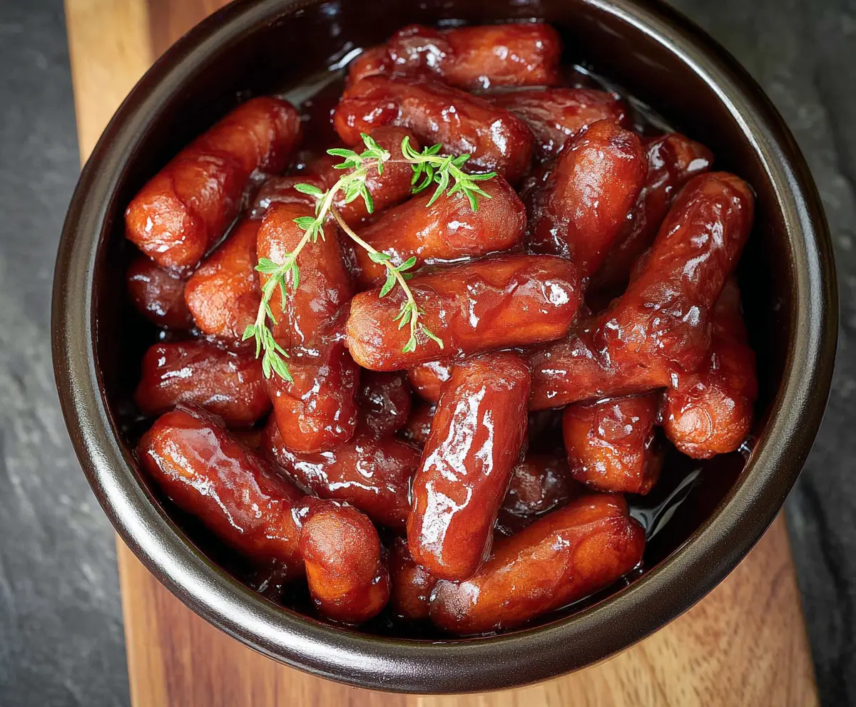 Delicious Cranberry BBQ Little Smokies served on a plate with fresh herbs.