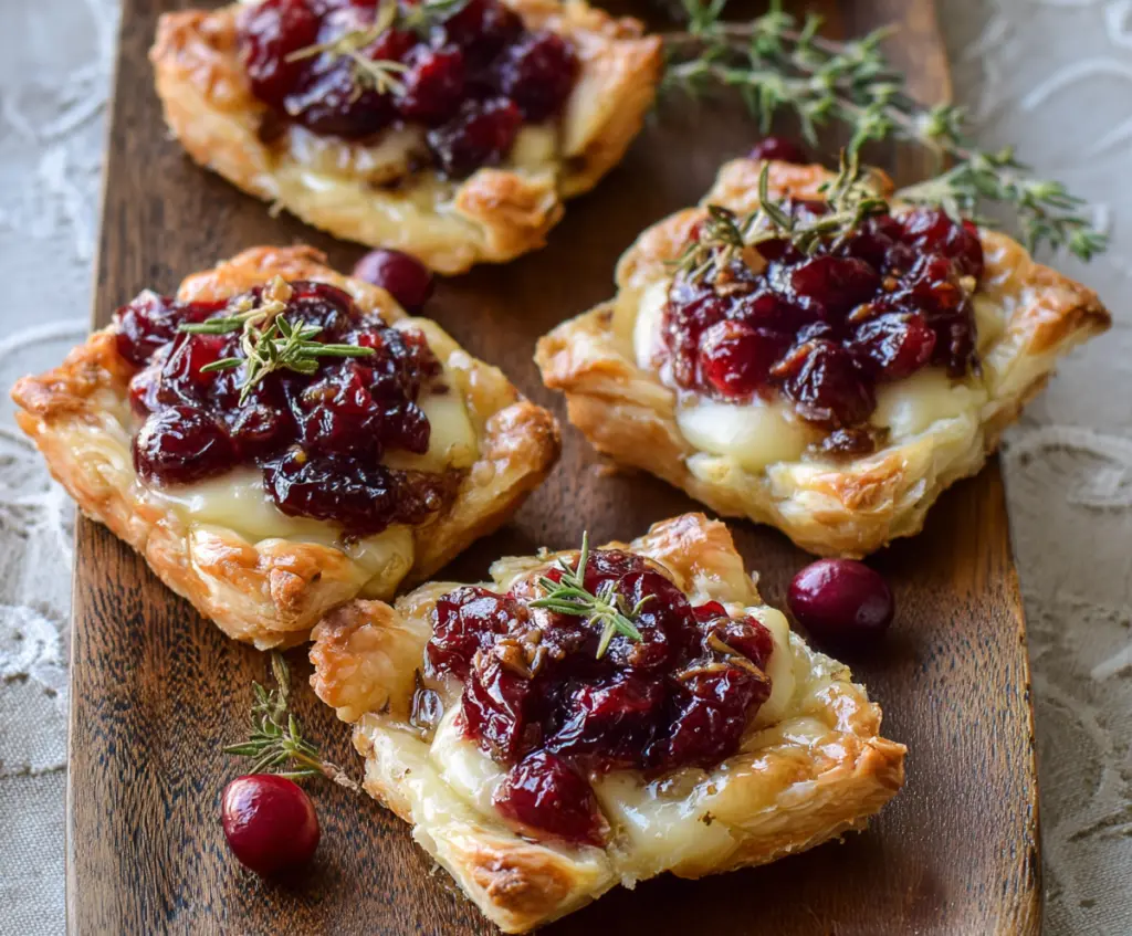 Festive cranberry brie tartlets garnished with fresh herbs on a rustic plate
