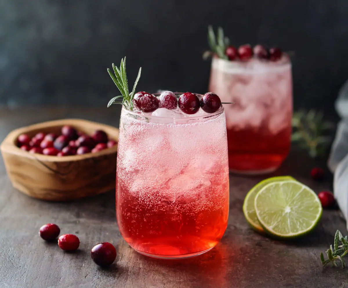 Refreshing Cranberry Gin Fizz cocktail garnished with fresh cranberries and mint leaves