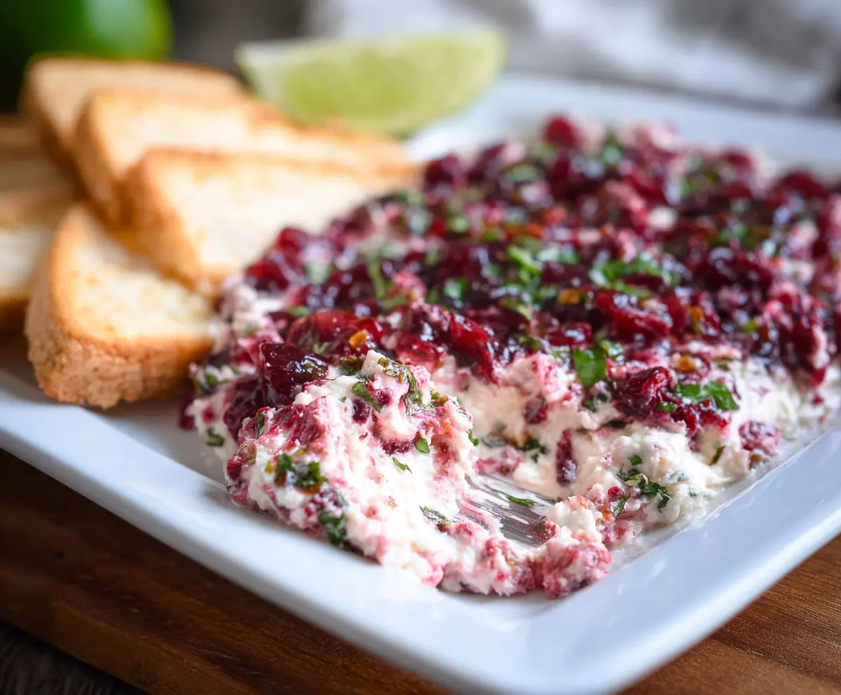 Creamy cranberry jalapeño cream cheese dip served with fresh herbs and crackers.