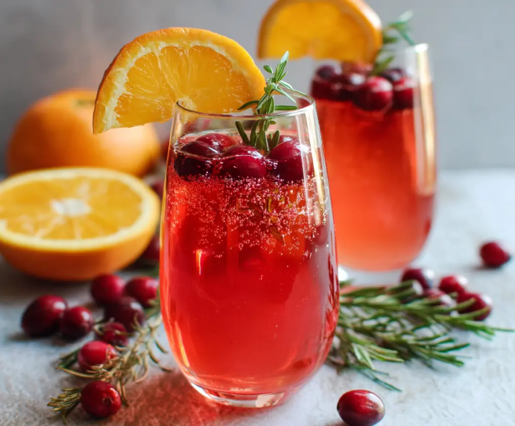 Refreshing Cranberry Orange Prosecco Cocktail served in a fancy glass with fresh cranberries and orange slices.