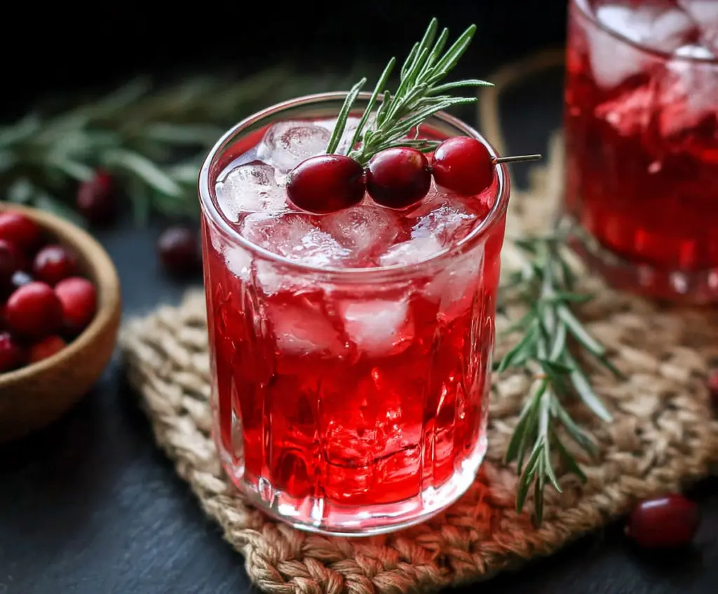 Refreshing Cranberry Rosemary Vodka Cocktail garnished with fresh rosemary and cranberries.